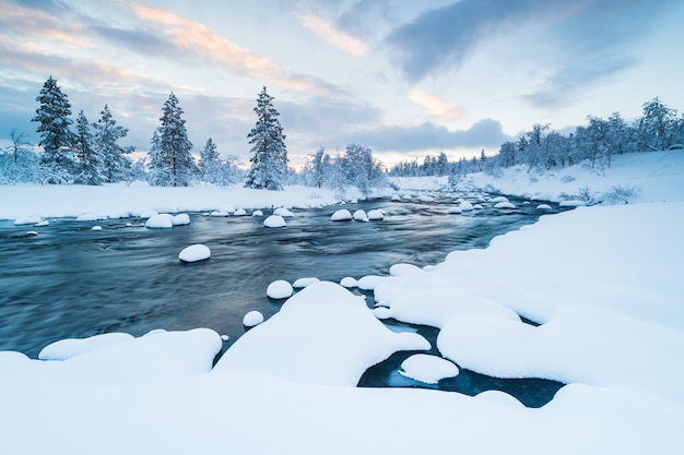 Fiume con la neve e una foresta vicino coperta di neve in inverno in Svezia