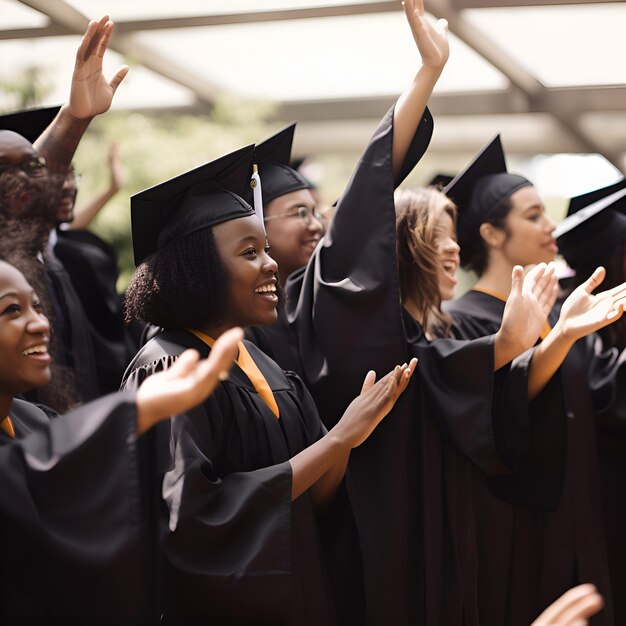 Focus selettivo di felici studenti afroamericani in abiti da laurea