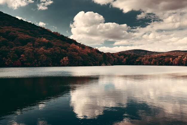 Fogliame autunnale colorato con riflesso del lago.