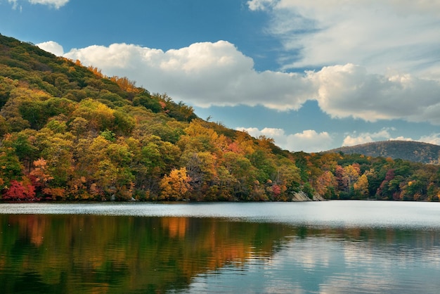 Fogliame autunnale colorato con riflesso del lago.