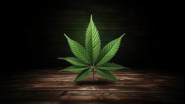 Foglie di marijuana verdi fresche e vivaci su uno sfondo vario