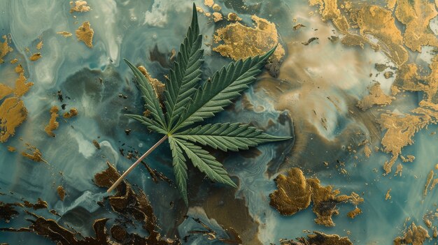 Foglie di marijuana verdi fresche e vivaci su uno sfondo vario