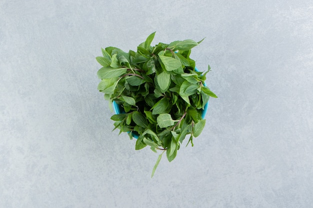 Foglie di menta piperita nella ciotola, sul marmo.