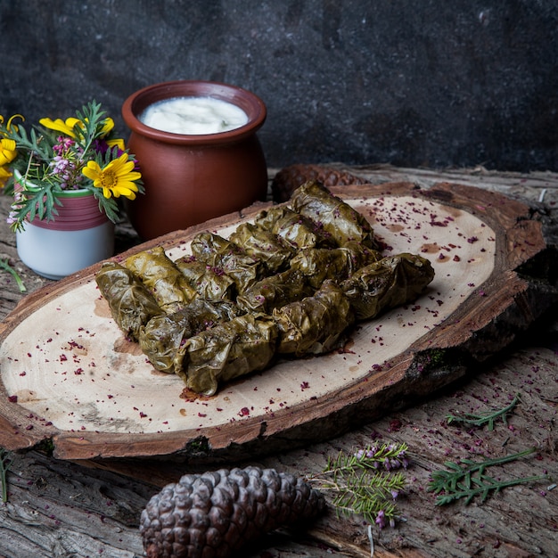 Foglie di uva dolma vista laterale ripiene di carne e riso con salsa di panna acida su un tavolo di legno scuro. cucina tradizionale dell'Europa orientale e asiatica