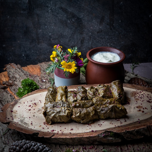 Foglie di uva dolma vista laterale ripiene di carne e riso con salsa di panna acida su un tavolo di legno scuro. cucina tradizionale dell'Europa orientale e asiatica