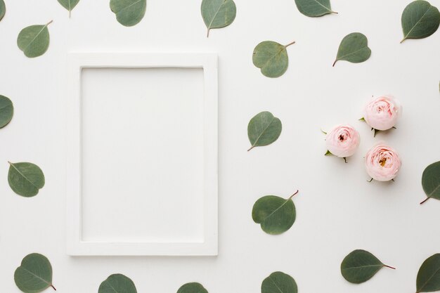 Foglie piatte e rose con cornice spazio copia