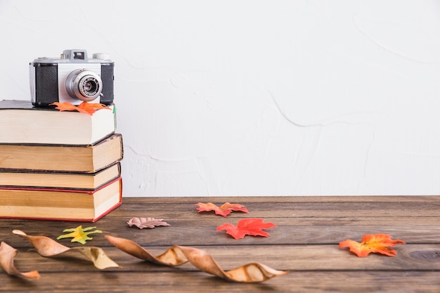 Foglie secche vicino a libri e macchina fotografica