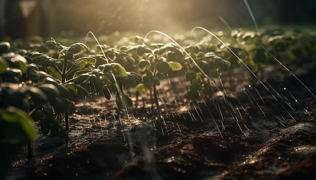 Foglie verdi fresche crescono alla luce del sole generata dall'intelligenza artificiale