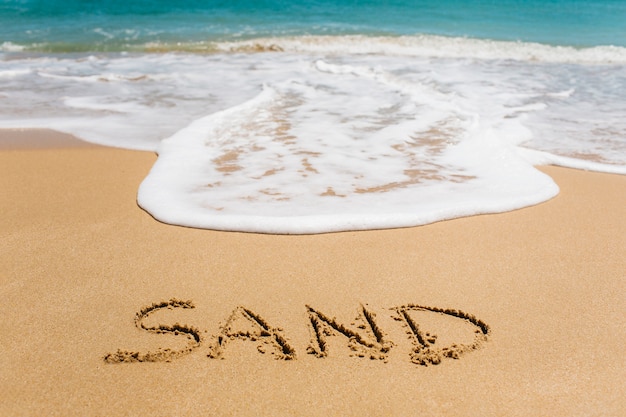 Fondo della spiaggia con sabbia scritta nella sabbia