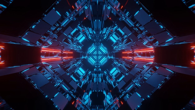 Fondo futuristico di fantascienza astratta con luci al neon rosse e blu