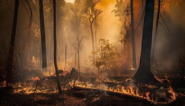 Foresta in fiamme nel caldo autunnale e mistero generato dall'intelligenza artificiale