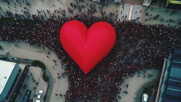 forma di cuore 3d con una folla di persone in città