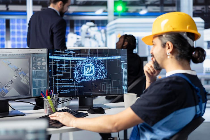 Foto gratuito formazione di ingegneri su modelli di ia nella stazione di lavoro dell'impianto di produzione di pannelli solari