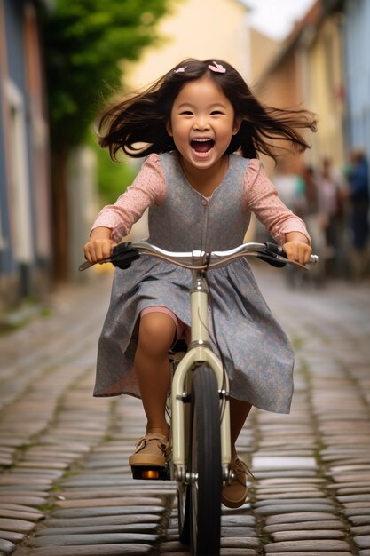 Foto completa di una ragazza in bicicletta