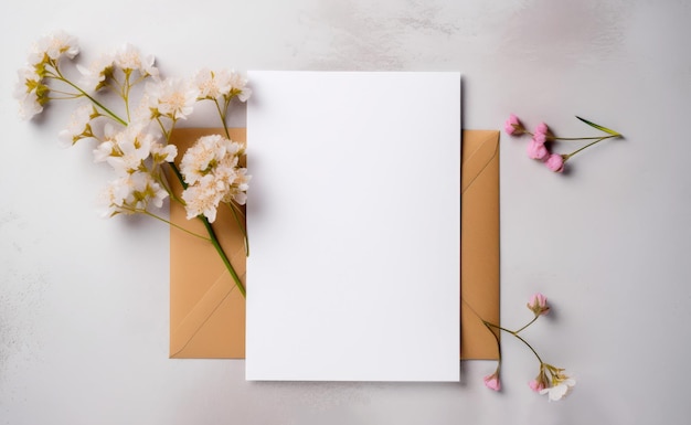 Foto di un foglio di carta bianco su uno sfondo grigio con fiori