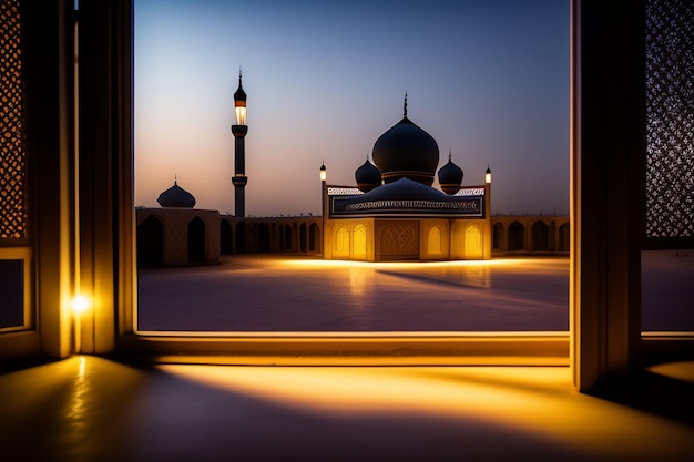 Foto Gratuite Ramadan Kareem Eid Mubarak Lampada elegante reale con porta santa della moschea con fuochi d'artificio