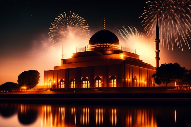 Foto Gratuite Ramadan Kareem Eid Mubarak Lampada elegante reale con porta santa della moschea con fuochi d'artificio