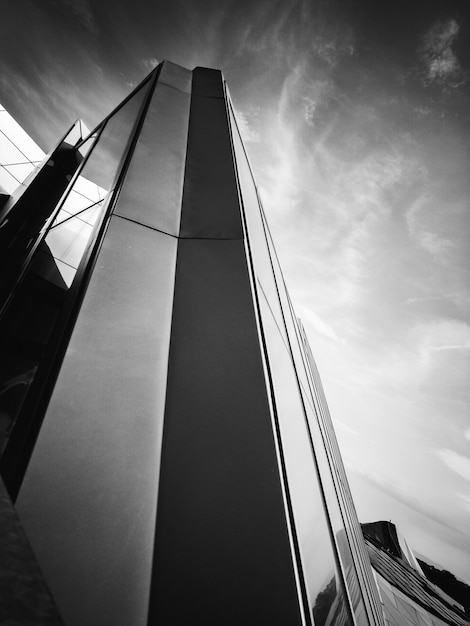 Foto in scala di grigi a basso angolo di edifici