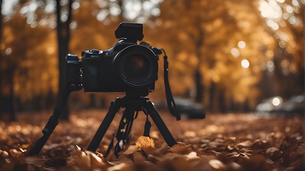 Fotocamera professionale su treppiede nella foresta autunnale Messa a fuoco selettiva Natura