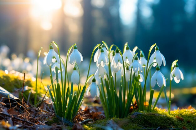 Fotografia di gocce di neve che fioriscono in un paesaggio invernale