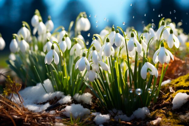 Fotografia di gocce di neve in fiore in un paesaggio invernale