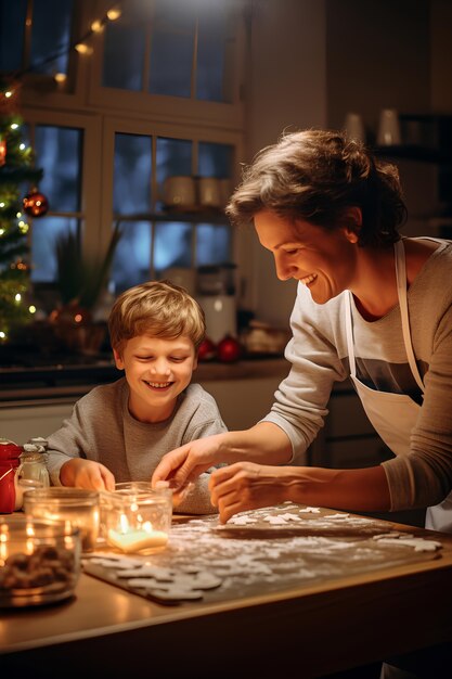 Fotografia media di una famiglia che celebra il Natale a casa