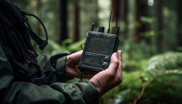 Fotografo caucasico che filma l'esplorazione della natura con attrezzature generate dall'intelligenza artificiale