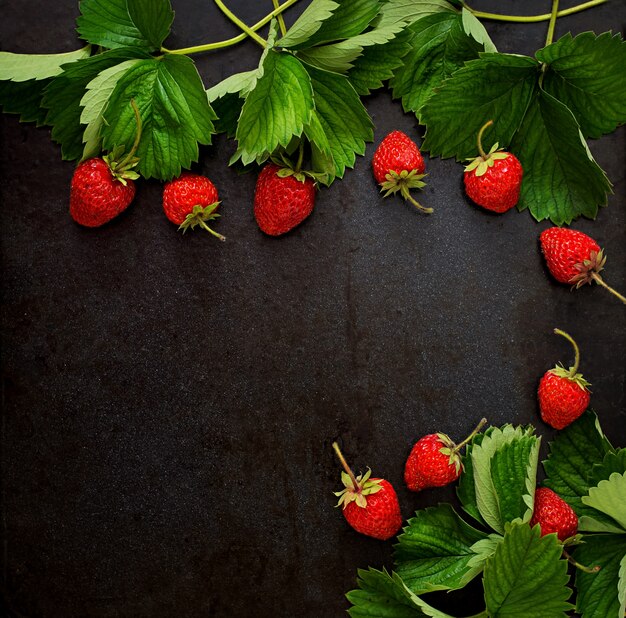 Fragole e foglie mature su fondo scuro. Vista dall'alto