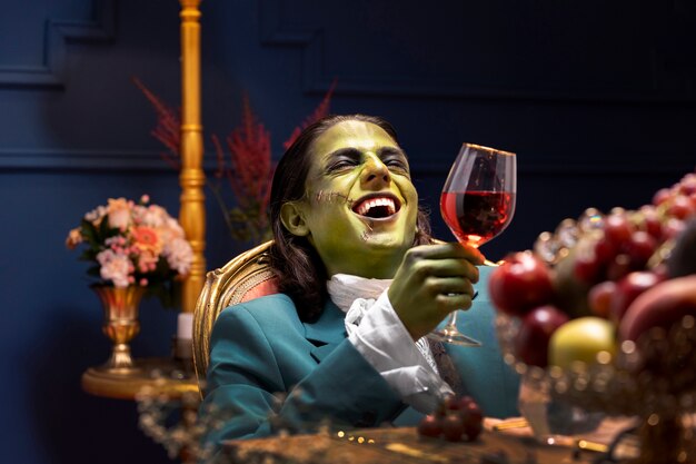 Frankenstein che tiene il bicchiere di vino medio