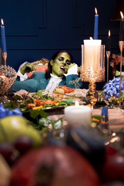 Frankenstein di tiro medio seduto al tavolo