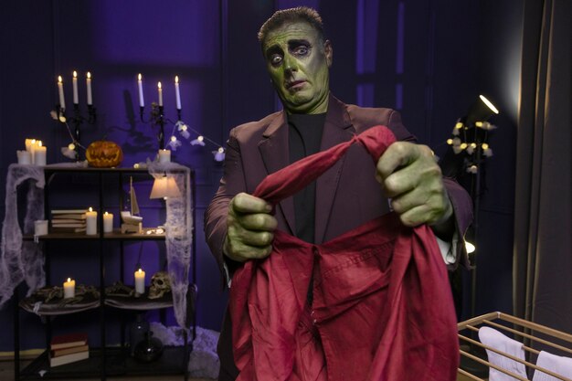 Frankenstein di vista frontale che tiene i vestiti