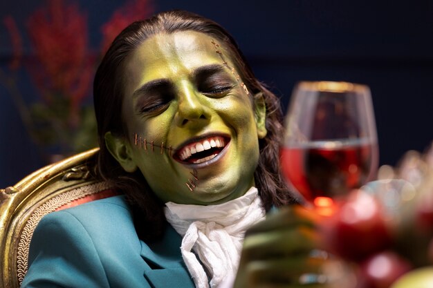 Frankenstein sorridente di vista frontale che tiene il bicchiere di vino
