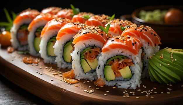 Freschezza arrotolata su un piatto focalizzato sul maki sushi generato dall'intelligenza artificiale