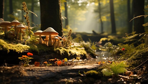 Freschezza della crescita della foresta autunnale di funghi commestibili in natura generata dall'intelligenza artificiale