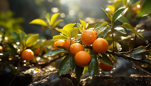 Freschezza della natura, agrumi maturi, foglie verdi, alimentazione sana generata dall'intelligenza artificiale