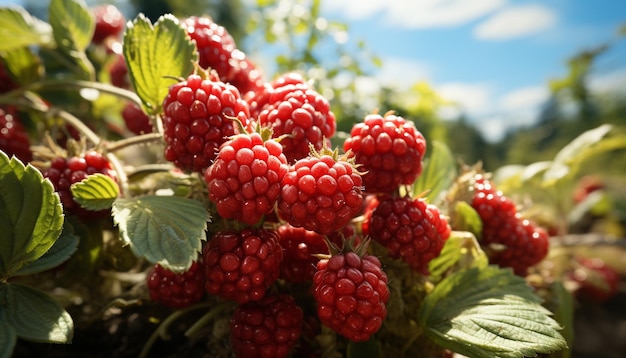 Freschezza della natura pianta alimentare estiva di lamponi, frutti a foglia generata dall'intelligenza artificiale