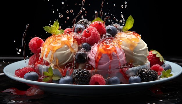 Freschezza e golosità in un piatto di dolci gourmet generati dall'intelligenza artificiale