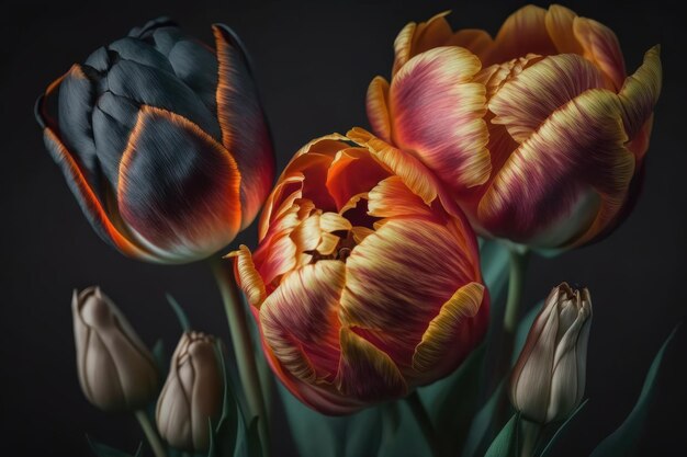 Freschi fiori di tulipano primaverile sbocciano su poster floreale orizzontale Bouquet di tulipani rossi in tinte vivaci isolato su sfondo sfocato Fiori colorati di primavera con foglia verde