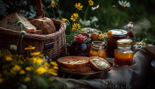 Fresco picnic biologico pane frutta miele dessert gourmet generato da AI