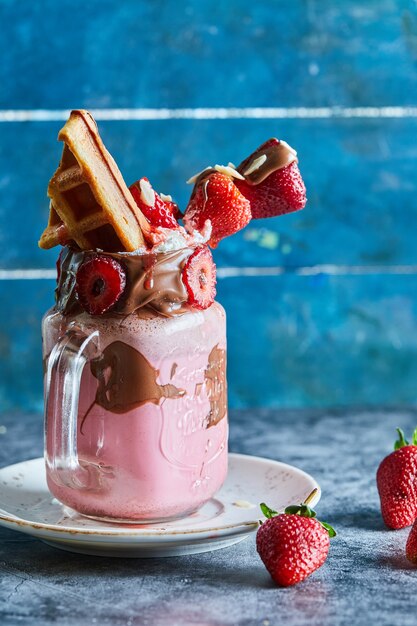 Frullato di fragole con minuscoli waffle, cioccolato e fette di fragole sul piatto bianco nella superficie blu scuro