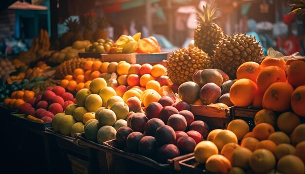 Frutta e verdura fresca in un grande cesto generato dall'intelligenza artificiale
