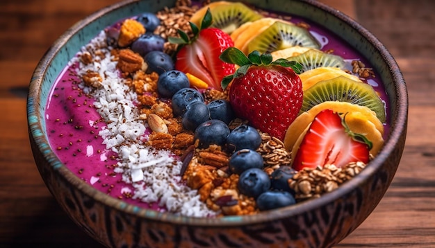 Frutti di bosco freschi e muesli serviti con yogurt generato dall'IA