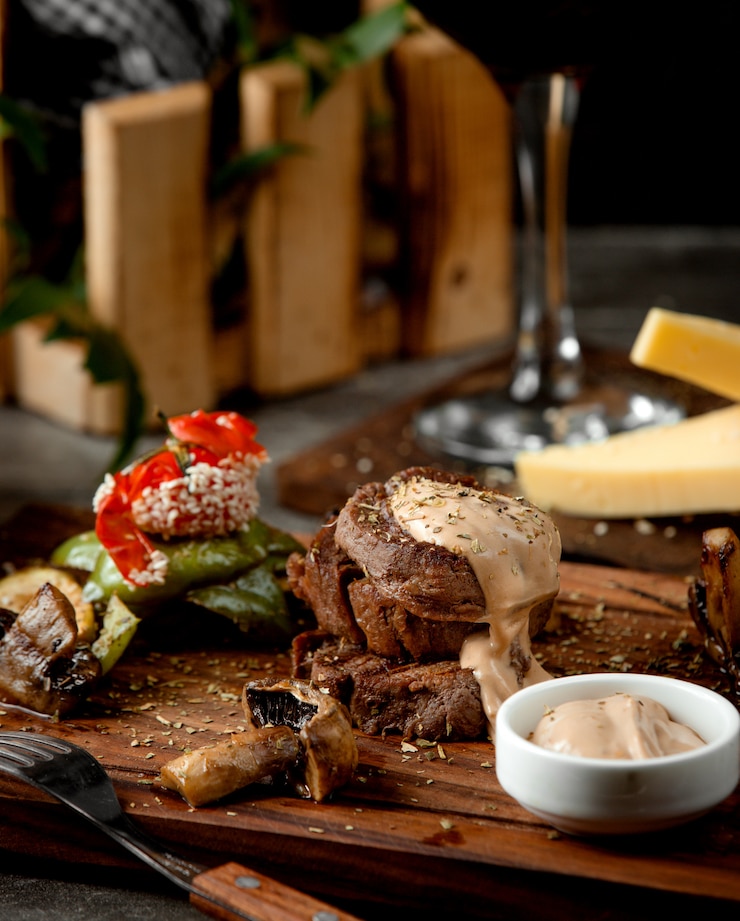 Foto gratuito funghi e verdure e salsa fritti della carne