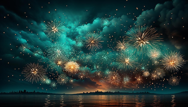 Fuochi d'artificio che esplodono nella notte oscura illuminando la celebrazione generata dall'intelligenza artificiale