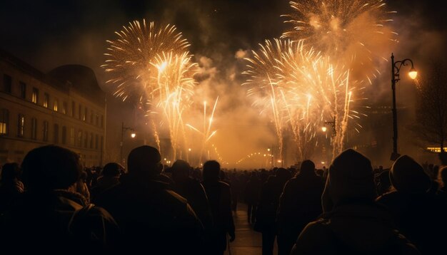 Fuochi d'artificio esplosivi illuminano brillantemente il cielo notturno generato dall'intelligenza artificiale