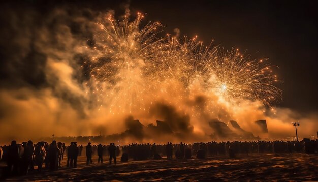 Fuochi d'artificio esplosivi illuminano il cielo notturno generati dall'intelligenza artificiale