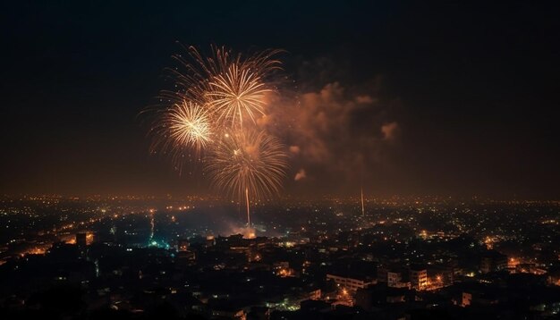 Fuochi d'artificio luminosi che esplodono sullo skyline illuminato della città generato dall'intelligenza artificiale