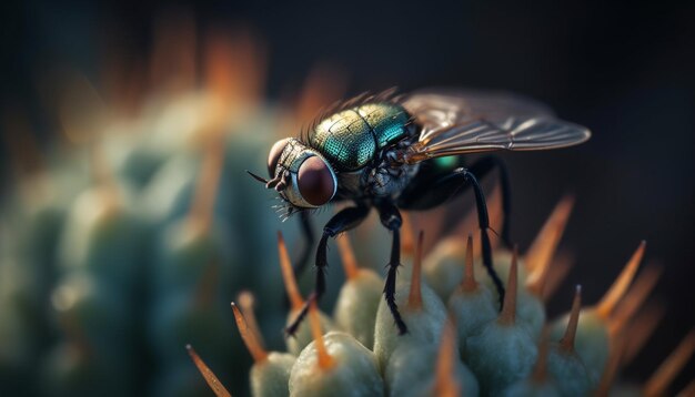 Fuoco selettivo sullo sfondo verde della gamba pelosa della mosca domestica generato dall'intelligenza artificiale