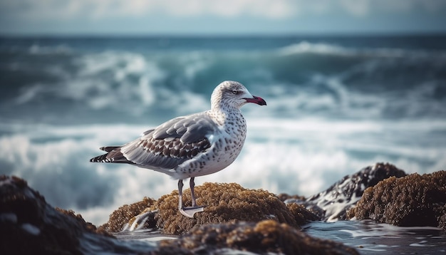 Gabbiano che sorvola un tranquillo paesaggio marino al tramonto generato dall'intelligenza artificiale