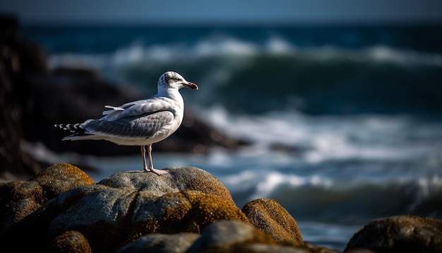 Gabbiano in piedi sulla roccia che guarda il tramonto generato dall'intelligenza artificiale